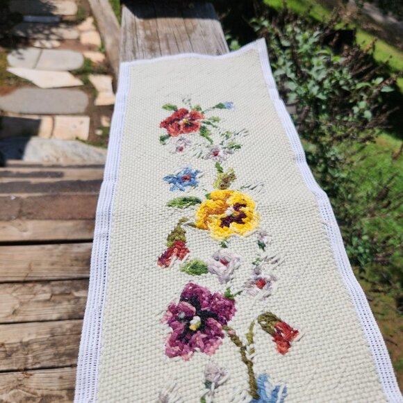 Vintage Hand-Stitched Floral Cross Stitch Runner 42" X 7" - Picture 15 of 15